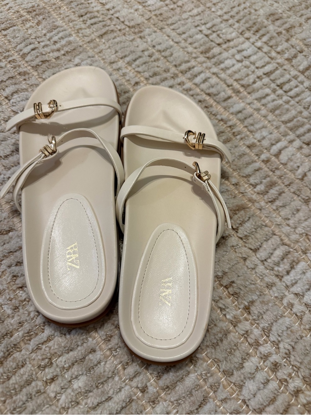 ZARA Cream Slide Sandals with Gold Buckle Strap